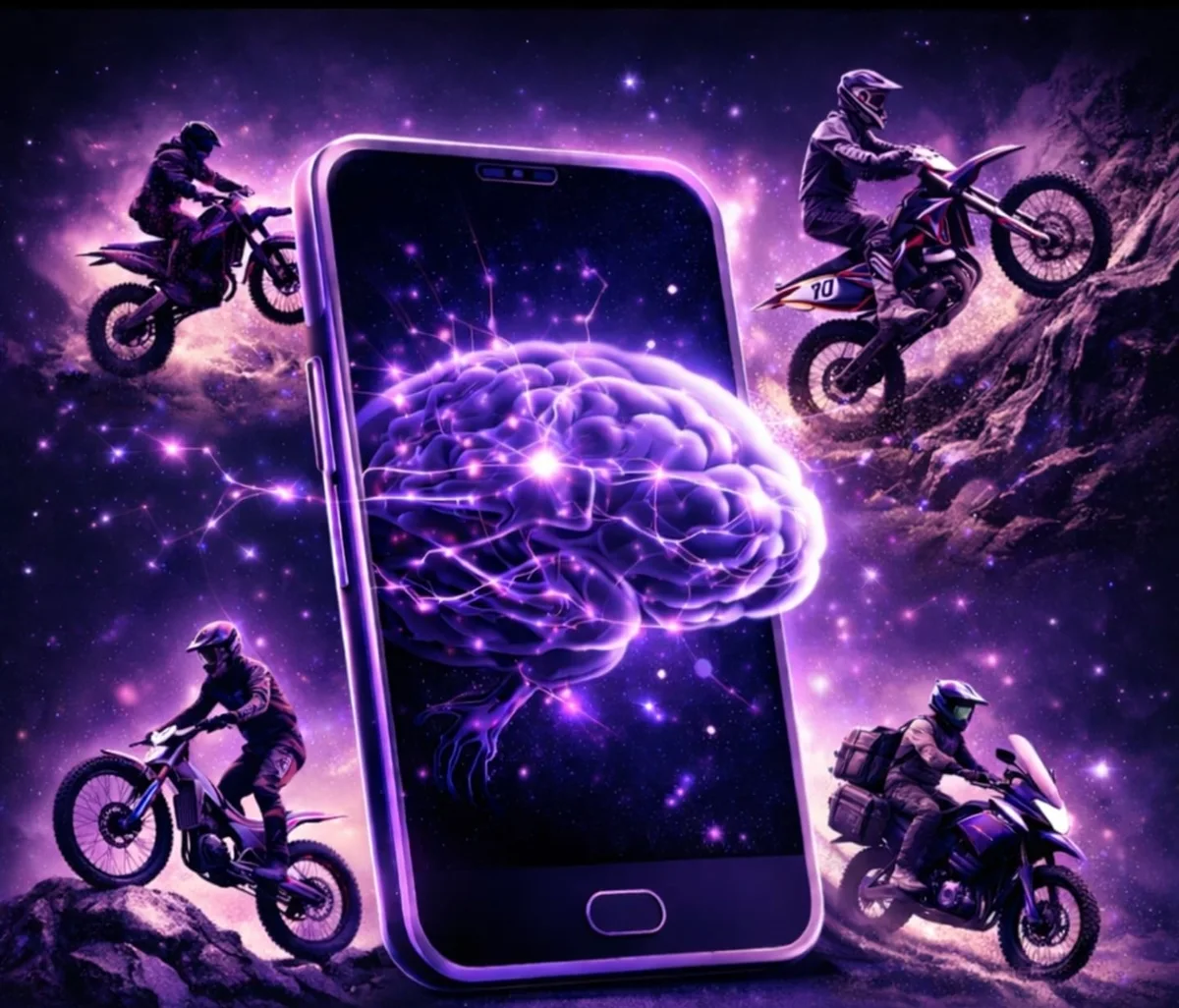 The RideMind app on a phone, with enduro, trials, motocross and adventure riders around it